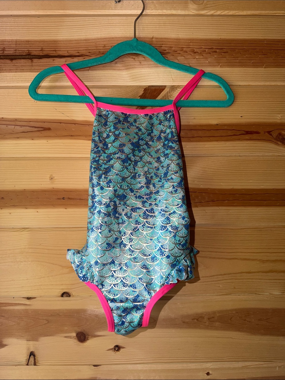 Limited Too Aqua Mermaid Scale One-Piece Swim with Pink Trim